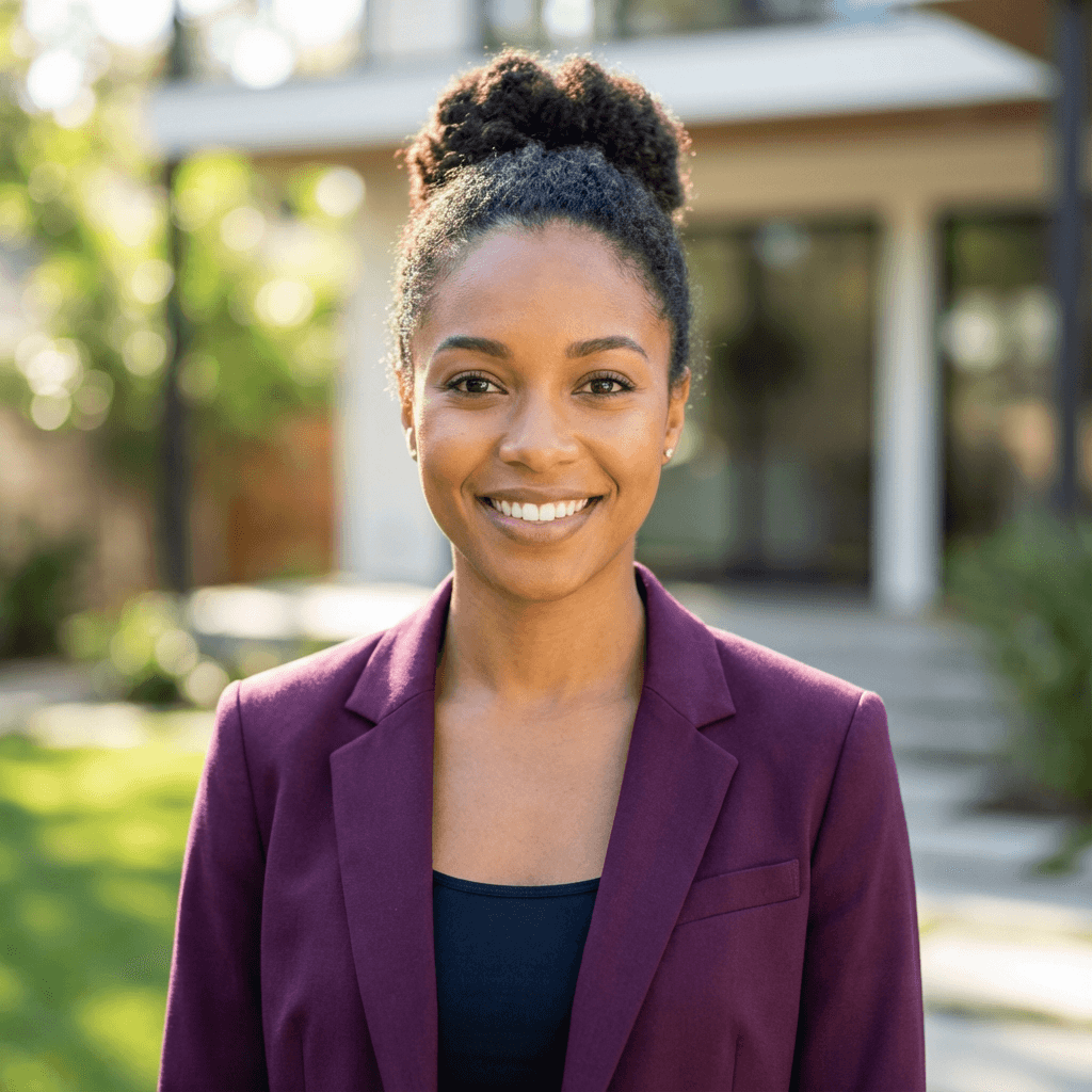 Professional headshot of a female property owner in her mid 40s, elegant and composed