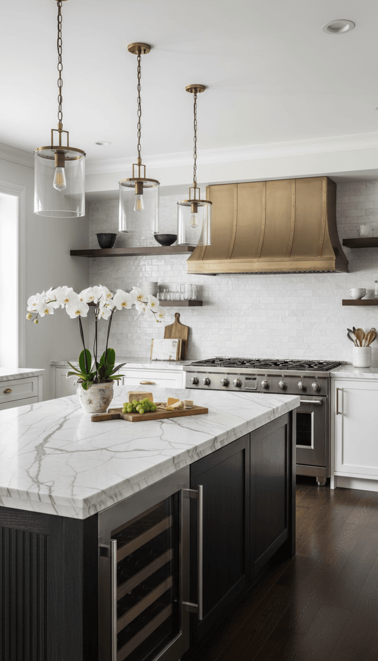 Sophisticated gourmet kitchen with marble island and brass pendant lighting