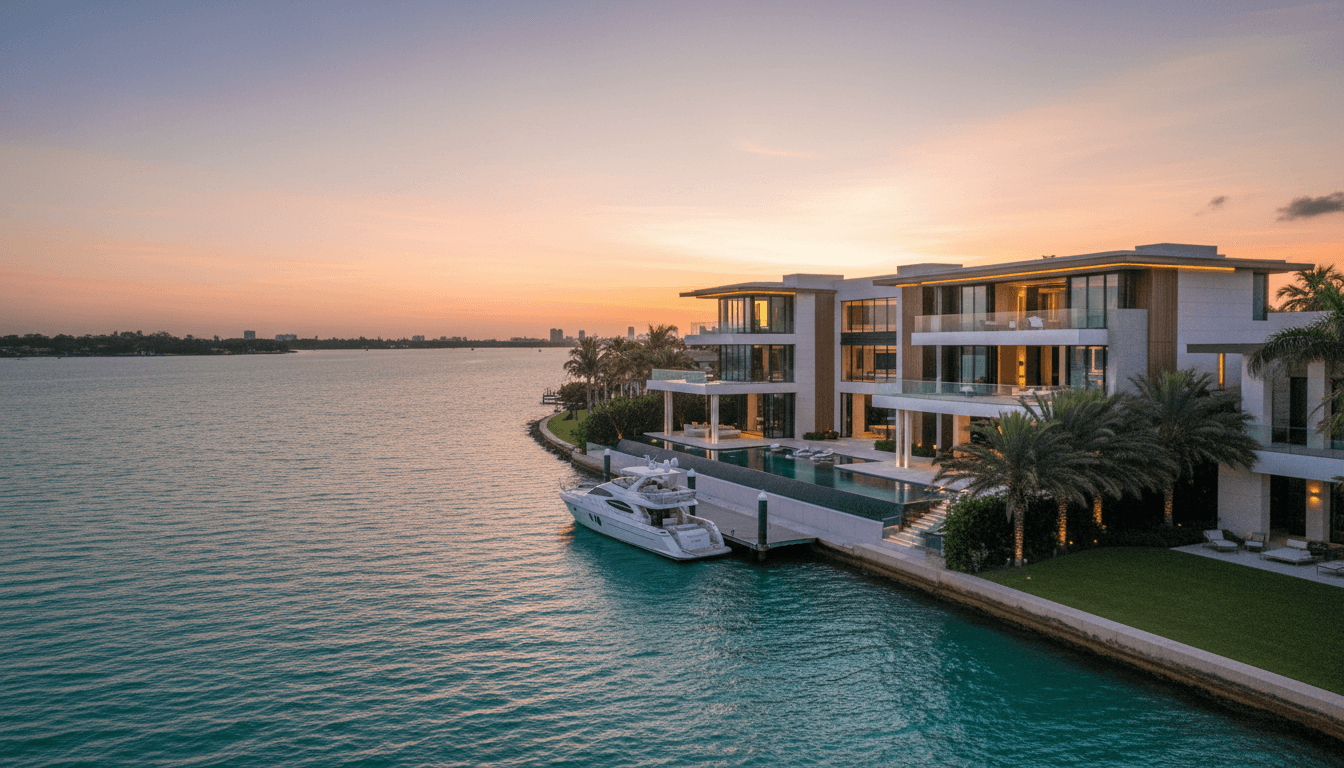 Luxury waterfront estate with modern architecture at dusk