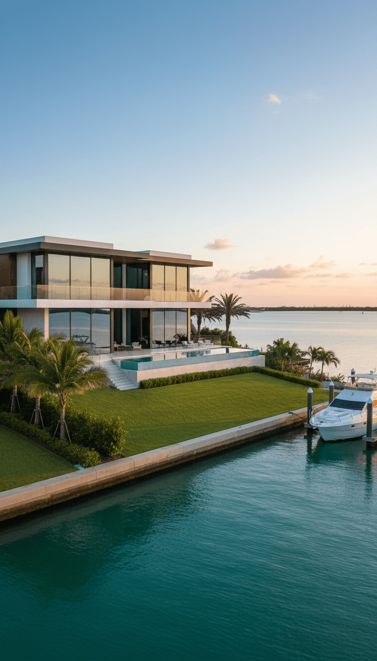Modern waterfront estate with floor-to-ceiling windows and manicured lawn