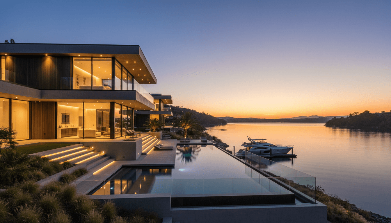 Modern luxury waterfront home exterior with warm evening lighting