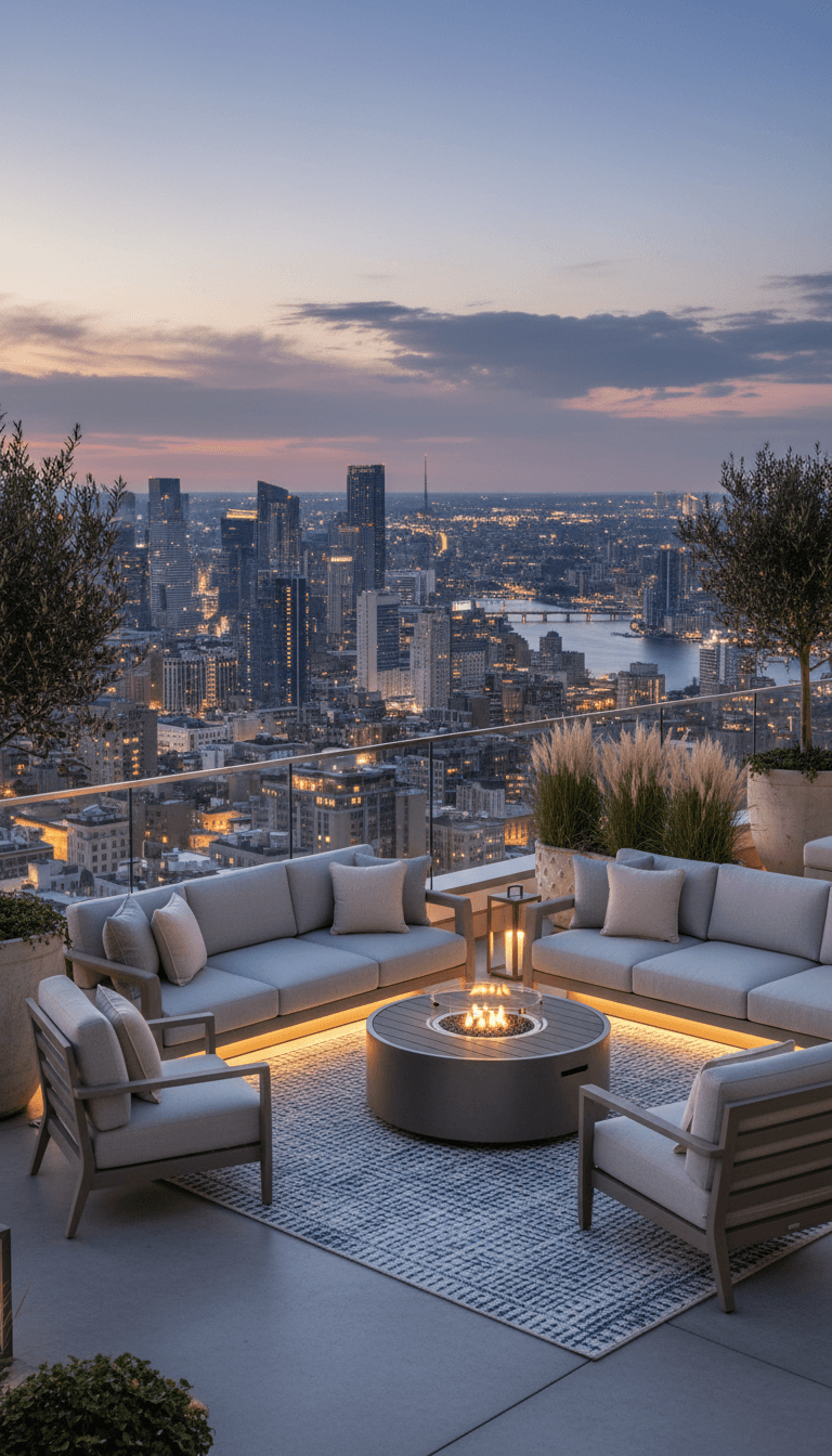 Luxury penthouse terrace with city skyline view and outdoor seating