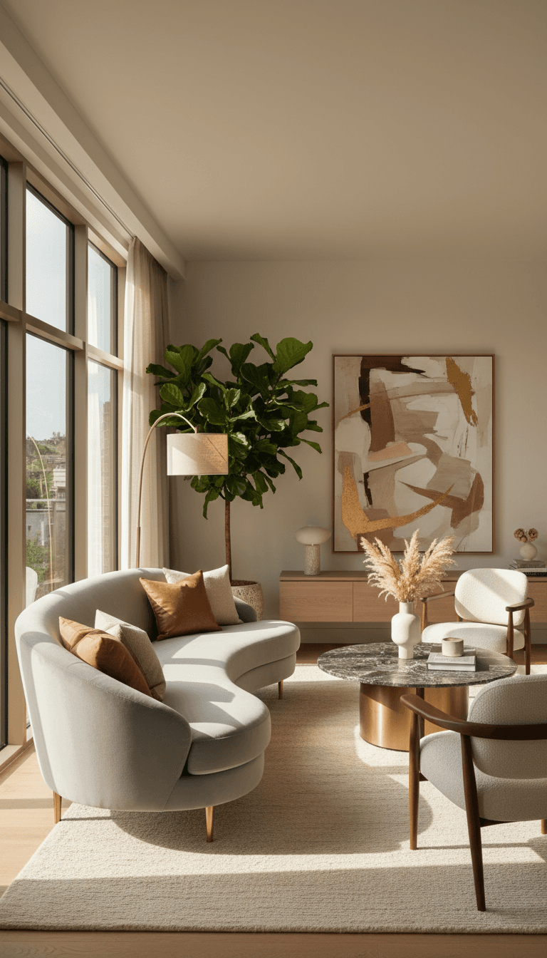 Elegant living room with designer furniture and warm natural light