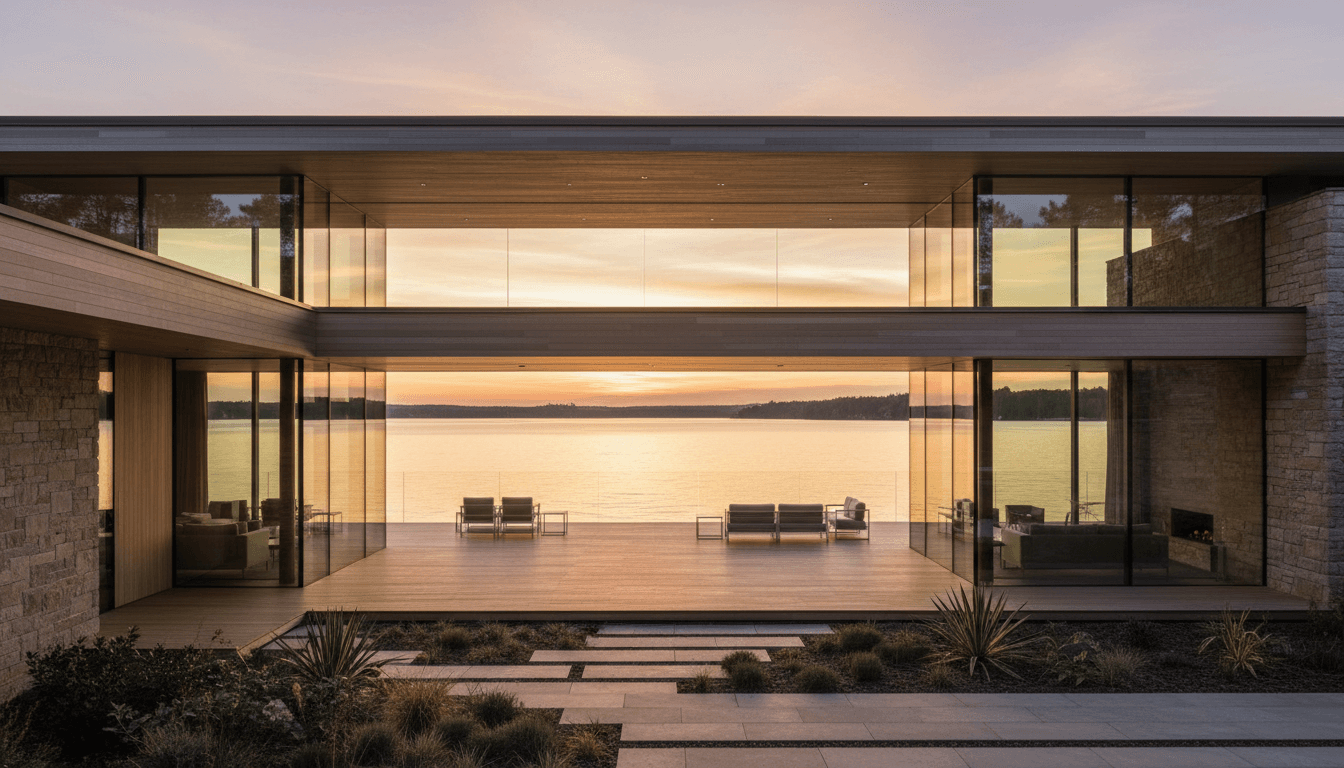 Waterfront estate with contemporary architecture at dusk