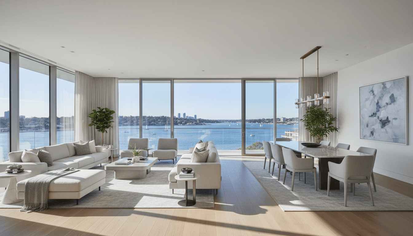 Elegant living room in a luxury waterfront estate with large windows overlooking the water