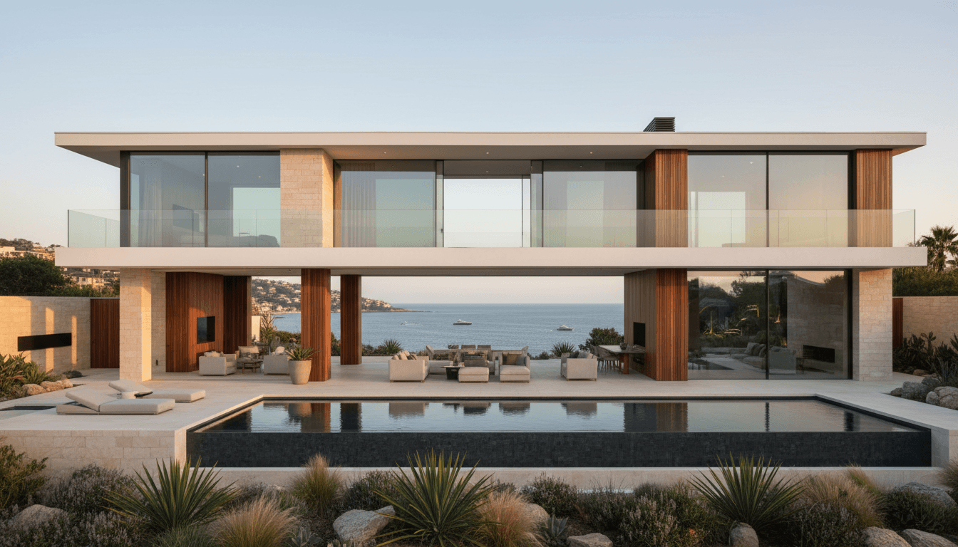Modern luxury waterfront estate at dusk with warm interior lighting