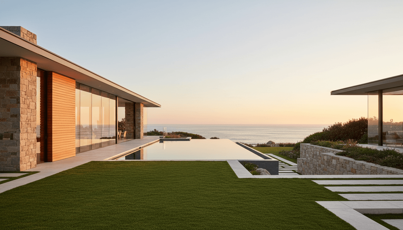 Luxury waterfront estate with warm evening lighting