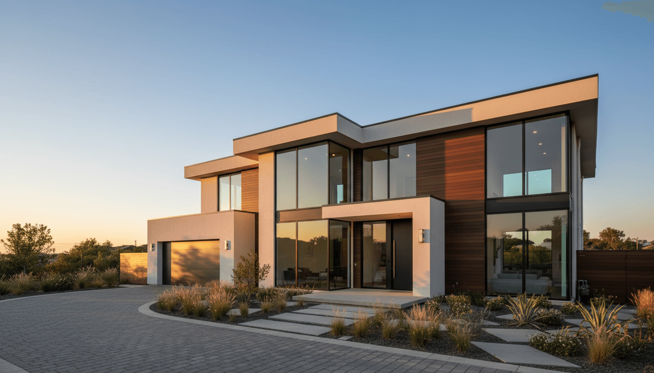 Luxury modern home exterior with warm evening lighting and elegant entrance
